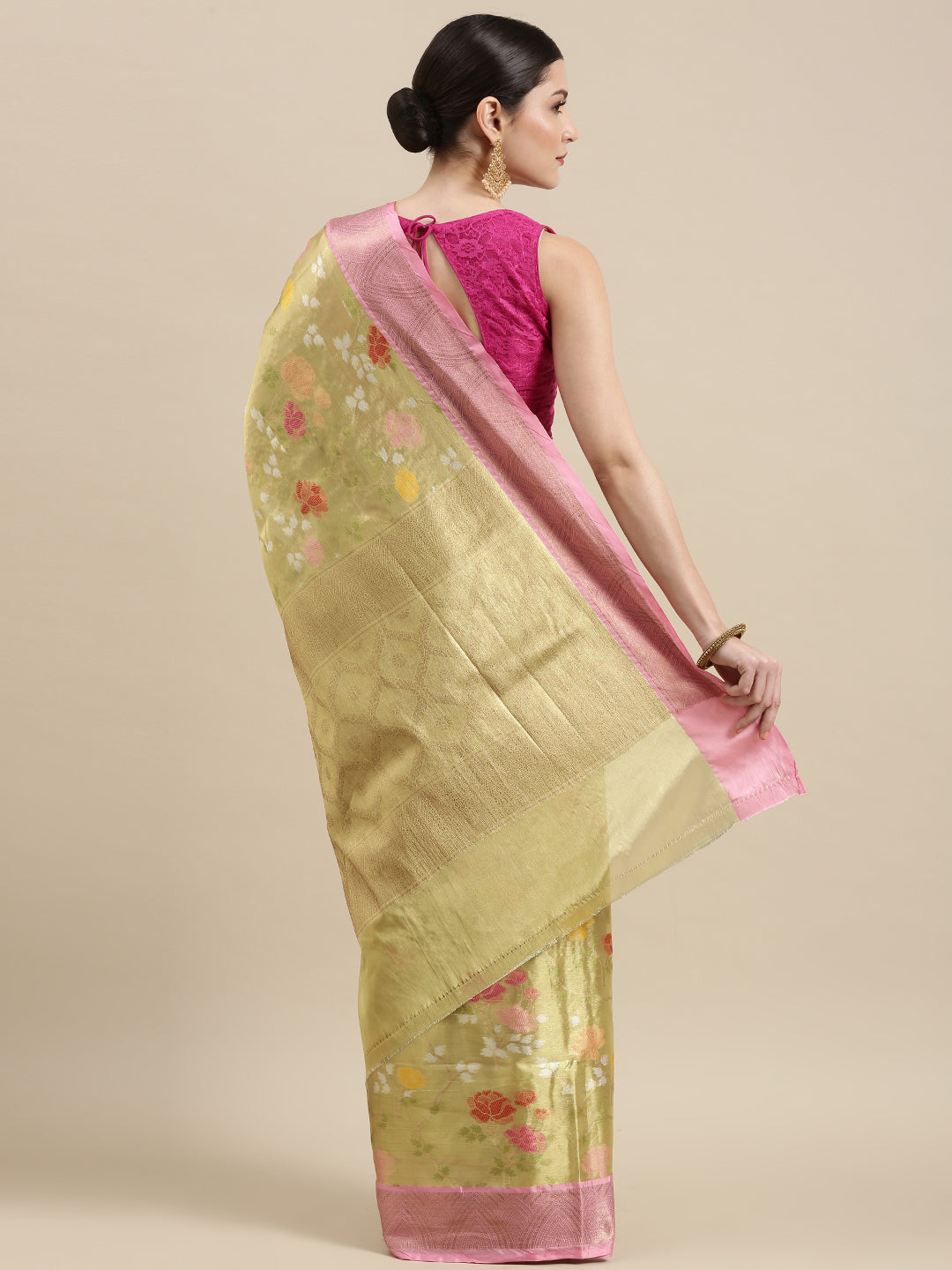 Faishana Presents Pure Gold & Pink Tilfi Jamdani Jaal Border With Gold Blouse Banarasi Saree