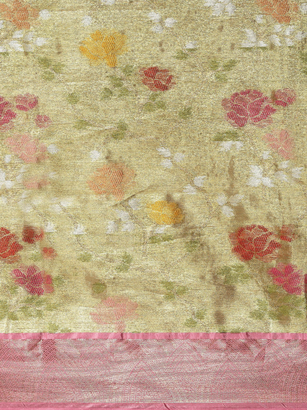 Faishana Presents Pure Gold & Pink Tilfi Jamdani Jaal Border With Gold Blouse Banarasi Saree