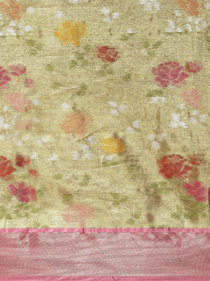 Faishana Presents Pure Gold & Pink Tilfi Jamdani Jaal Border With Gold Blouse Banarasi Saree