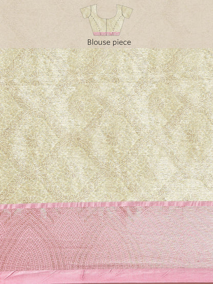 Faishana Presents Pure Gold & Pink Tilfi Jamdani Jaal Border With Gold Blouse Banarasi Saree