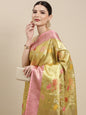 Faishana Presents Lemon Gold & Pink Tilfi Jamdani Jaal Border With Gold Blouse Banarasi Saree