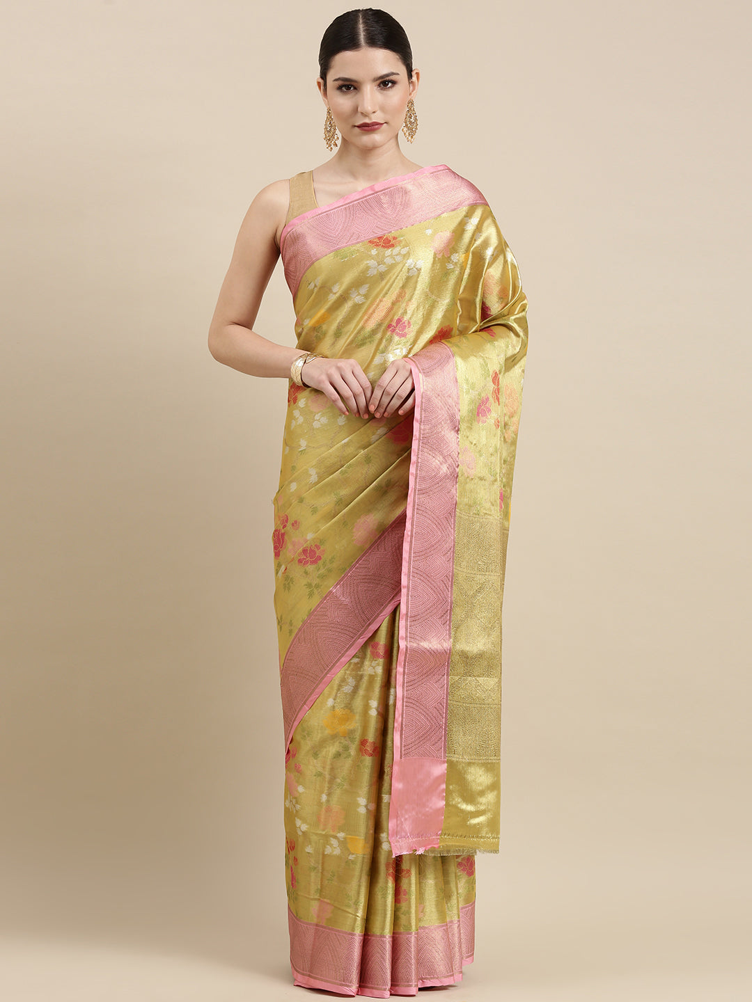 Faishana Presents Lemon Gold & Pink Tilfi Jamdani Jaal Border With Gold Blouse Banarasi Saree