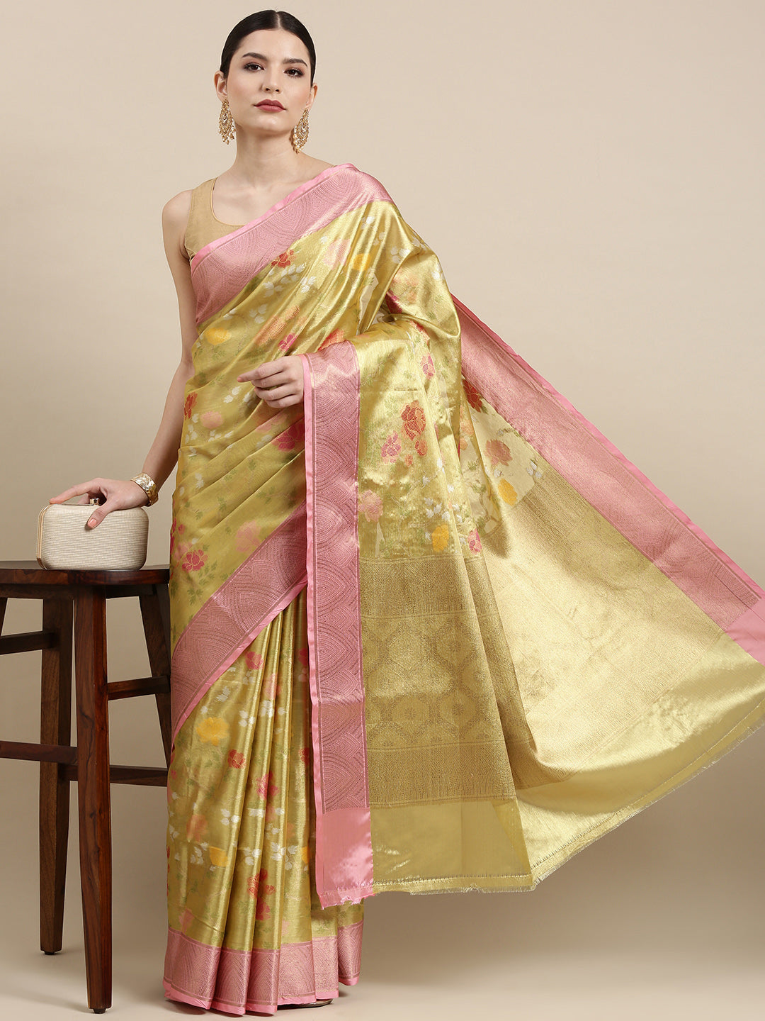 Faishana Presents Lemon Gold & Pink Tilfi Jamdani Jaal Border With Gold Blouse Banarasi Saree