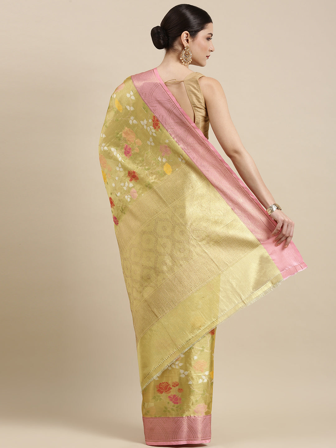 Faishana Presents Lemon Gold & Pink Tilfi Jamdani Jaal Border With Gold Blouse Banarasi Saree