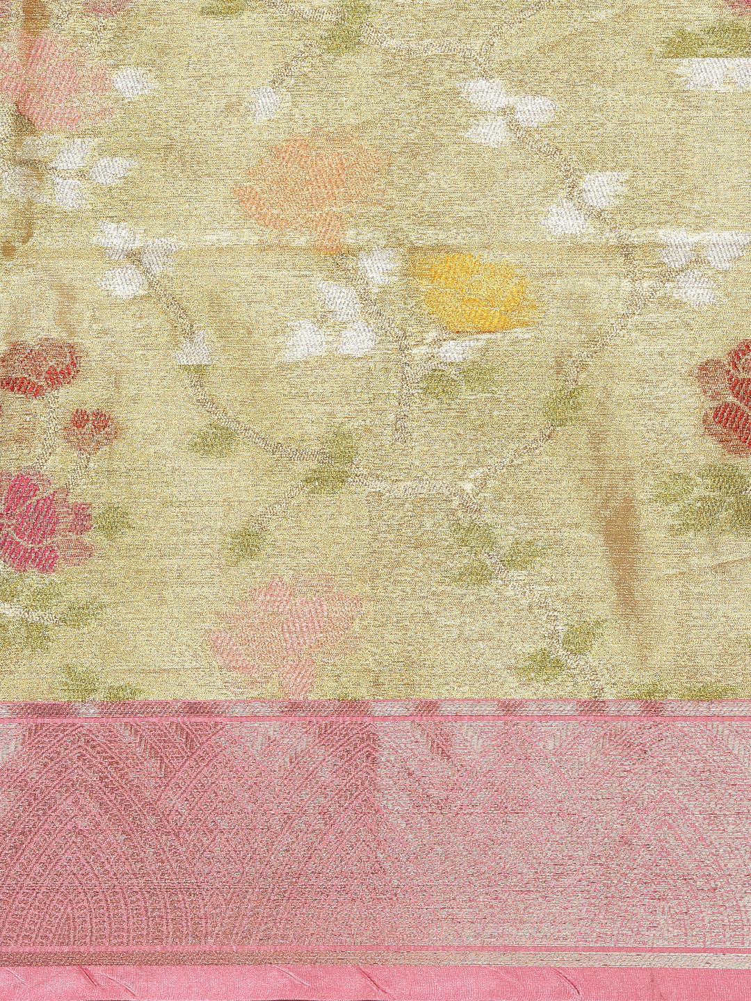Faishana Presents Lemon Gold & Pink Tilfi Jamdani Jaal Border With Gold Blouse Banarasi Saree