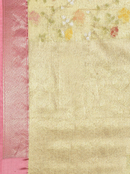 Faishana Presents Lemon Gold & Pink Tilfi Jamdani Jaal Border With Gold Blouse Banarasi Saree
