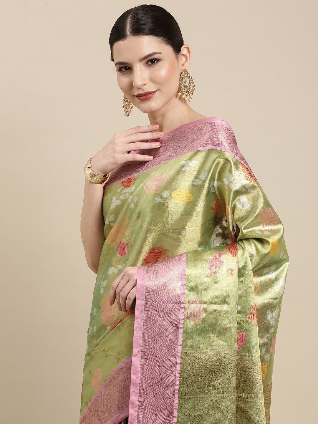 Faishana Presents Pistachio Gold & Pink Tilfi Jamdani Jaal Border with Pista Blouse Banarasi Saree