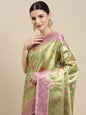 Faishana Presents Pistachio Gold & Pink Tilfi Jamdani Jaal Border with Pista Blouse Banarasi Saree