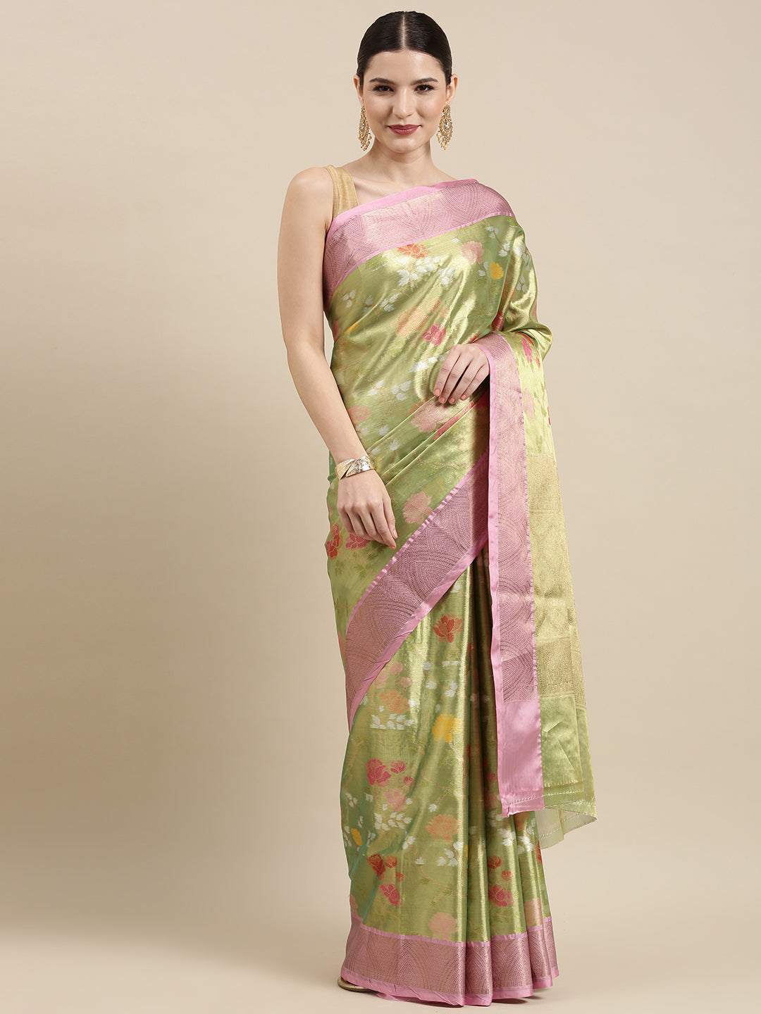 Faishana Presents Pistachio Gold & Pink Tilfi Jamdani Jaal Border with Pista Blouse Banarasi Saree