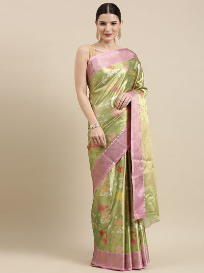 Faishana Presents Pistachio Gold & Pink Tilfi Jamdani Jaal Border with Pista Blouse Banarasi Saree