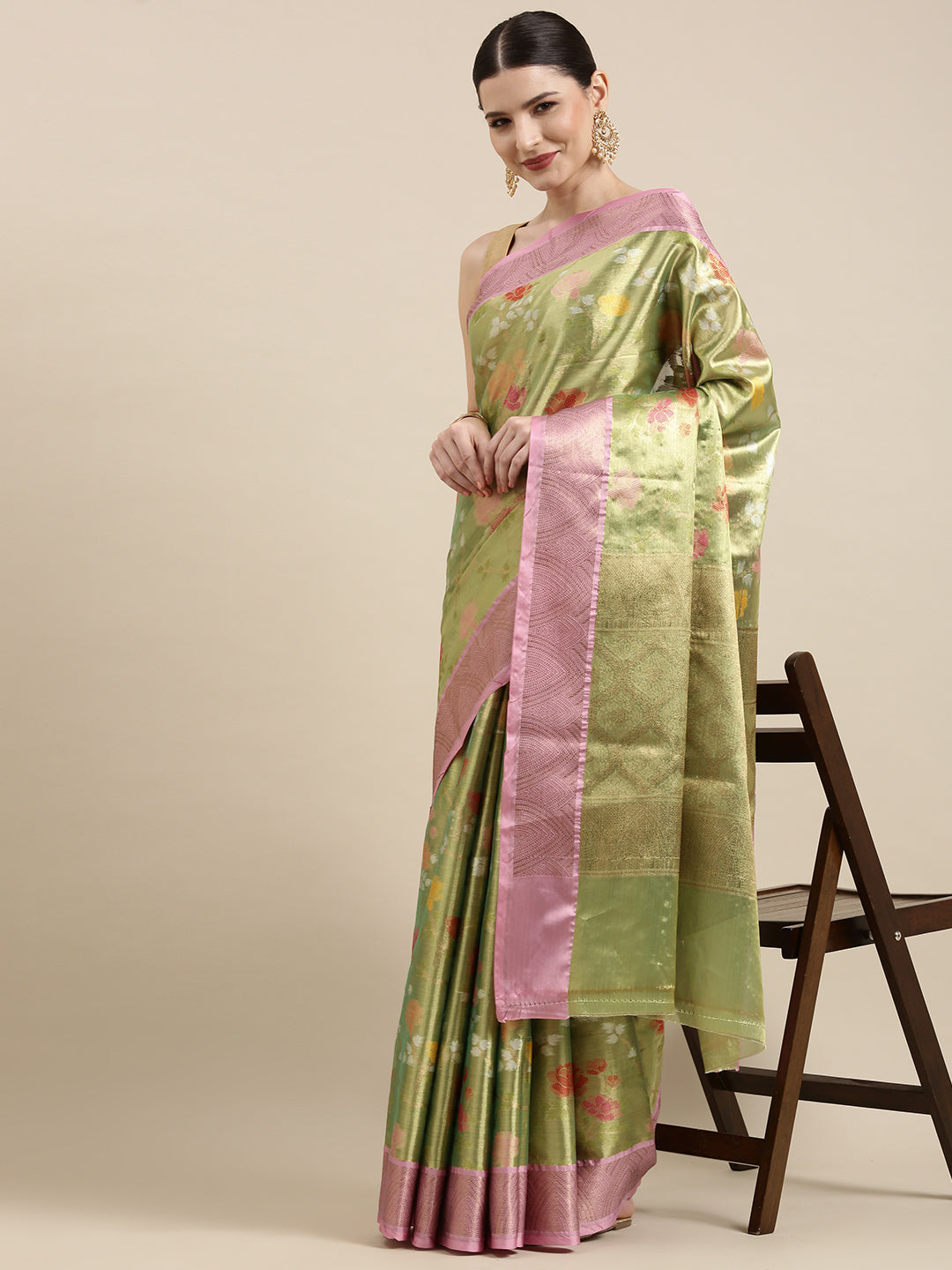 Faishana Presents Pistachio Gold & Pink Tilfi Jamdani Jaal Border with Pista Blouse Banarasi Saree