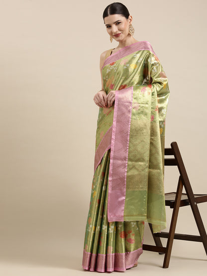 Faishana Presents Pistachio Gold & Pink Tilfi Jamdani Jaal Border with Pista Blouse Banarasi Saree