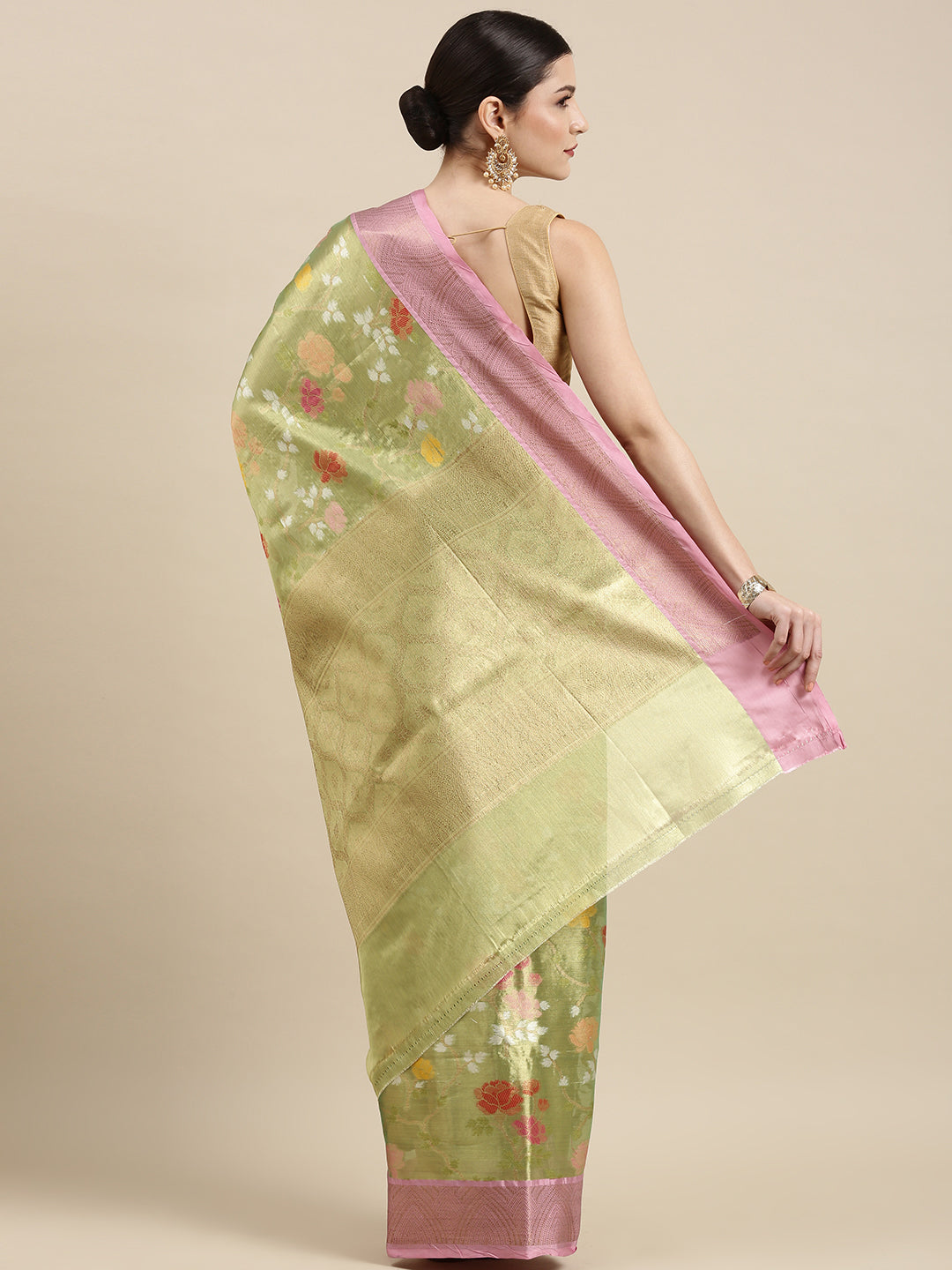 Faishana Presents Pistachio Gold & Pink Tilfi Jamdani Jaal Border with Pista Blouse Banarasi Saree