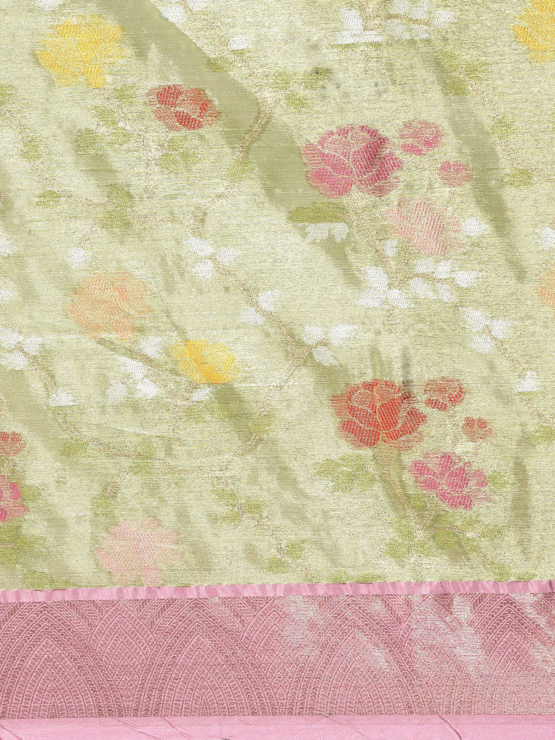 Faishana Presents Pistachio Gold & Pink Tilfi Jamdani Jaal Border with Pista Blouse Banarasi Saree
