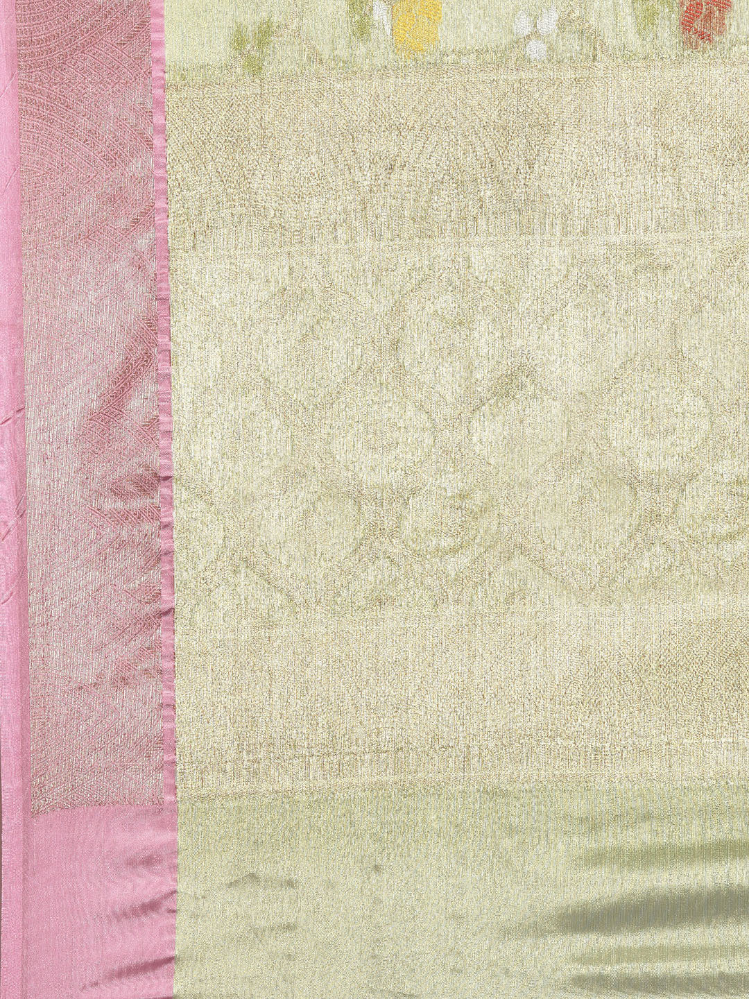 Faishana Presents Pistachio Gold & Pink Tilfi Jamdani Jaal Border with Pista Blouse Banarasi Saree