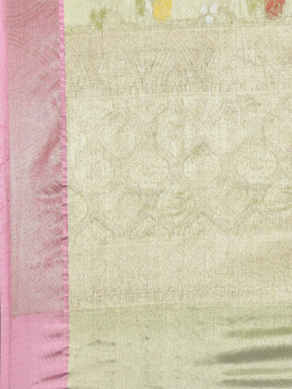 Faishana Presents Pistachio Gold & Pink Tilfi Jamdani Jaal Border with Pista Blouse Banarasi Saree