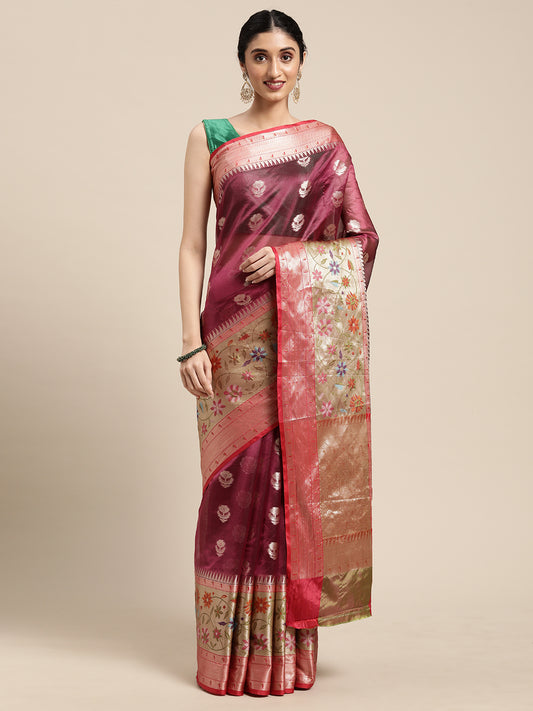 Faishana Presents Magenta & Red Paithani Border With Booti Art Silk Skirt Paithani Border With Red Blouse Banarasi Saree