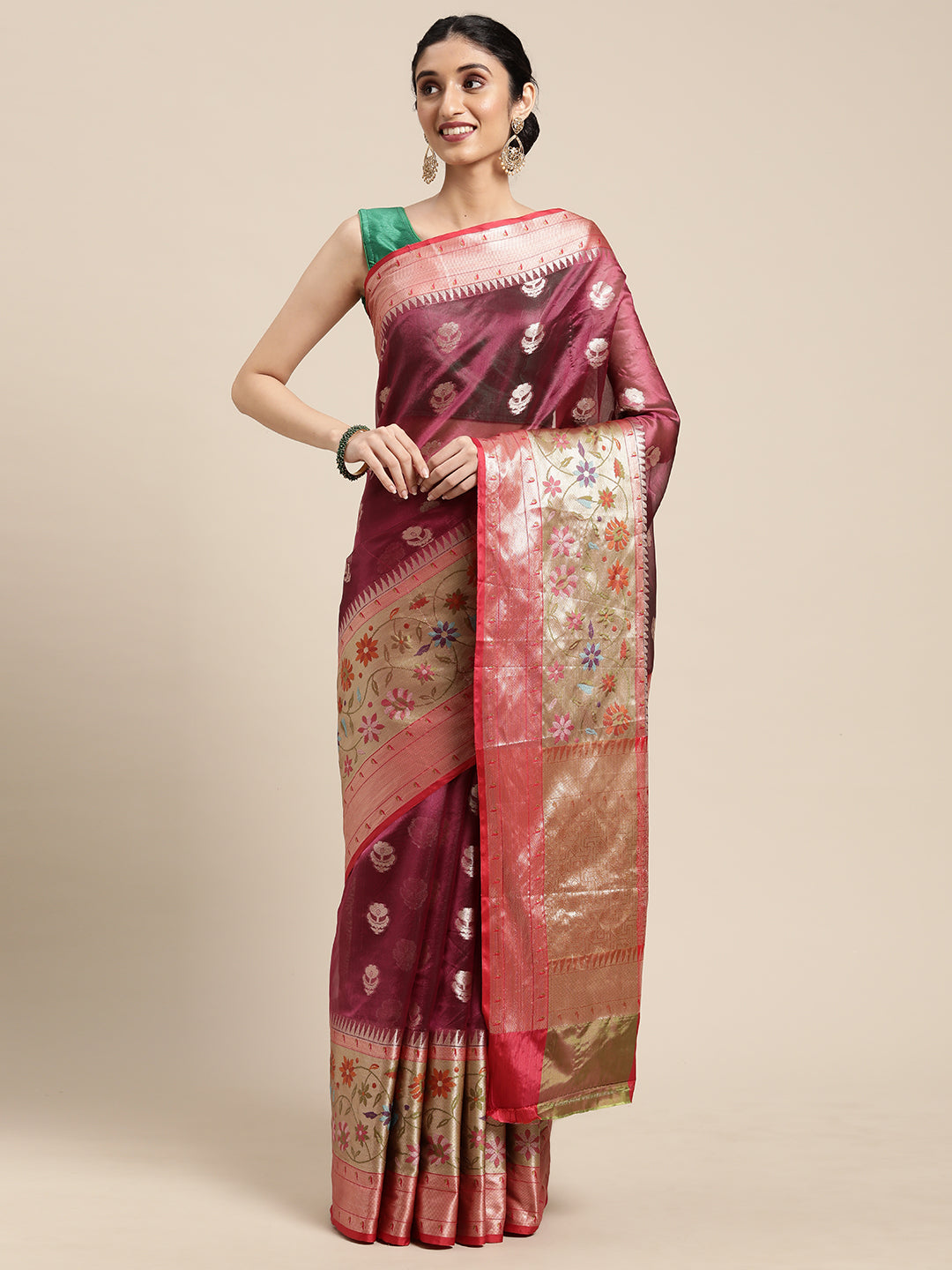 Faishana Presents Magenta & Red Paithani Border With Booti Art Silk Skirt Paithani Border With Red Blouse Banarasi Saree