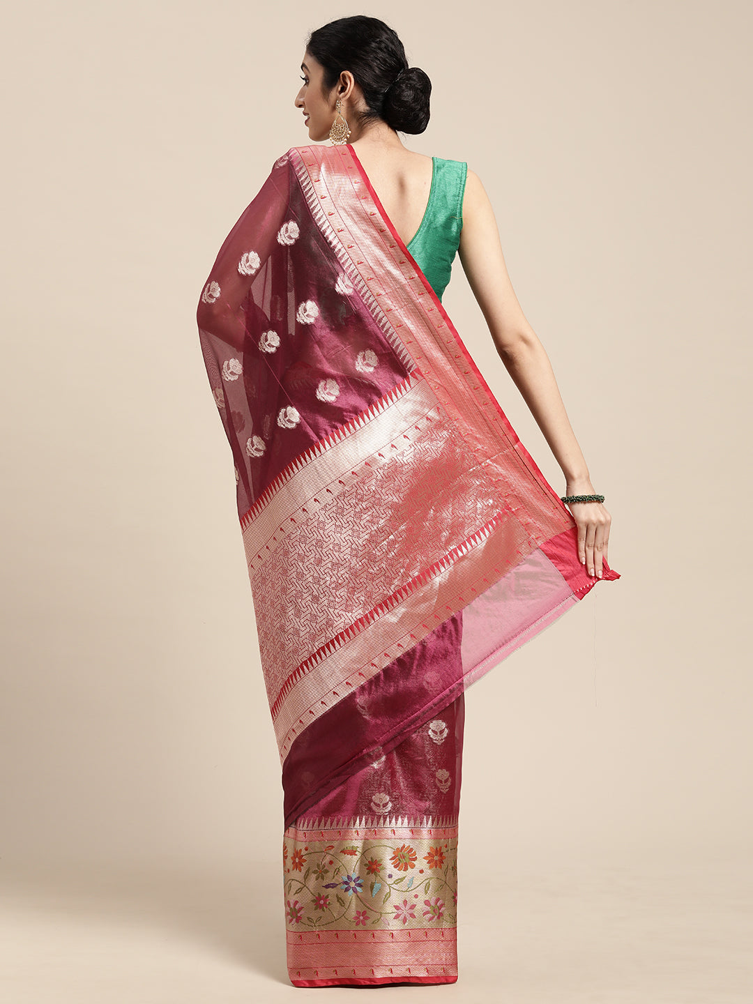 Faishana Presents Magenta & Red Paithani Border With Booti Art Silk Skirt Paithani Border With Red Blouse Banarasi Saree