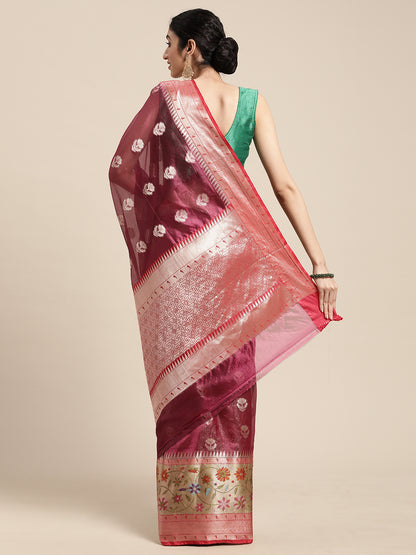 Faishana Presents Magenta & Red Paithani Border With Booti Art Silk Skirt Paithani Border With Red Blouse Banarasi Saree