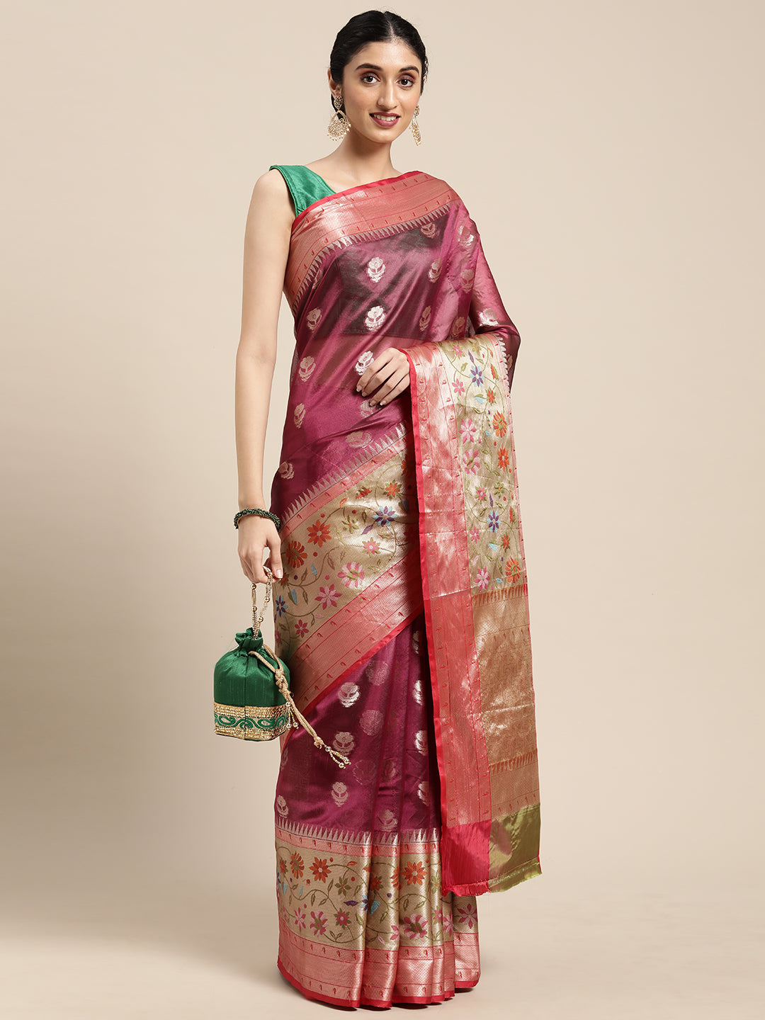 Faishana Presents Magenta & Red Paithani Border With Booti Art Silk Skirt Paithani Border With Red Blouse Banarasi Saree