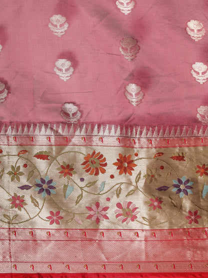 Faishana Presents Magenta & Red Paithani Border With Booti Art Silk Skirt Paithani Border With Red Blouse Banarasi Saree