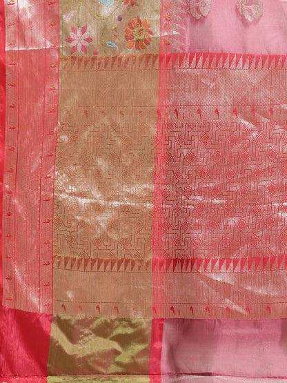 Faishana Presents Magenta & Red Paithani Border With Booti Art Silk Skirt Paithani Border With Red Blouse Banarasi Saree