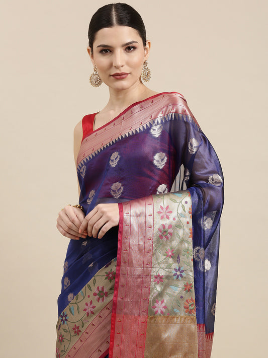 Faishana Presents Navy Blue & Magenta Paithani Border With Booti Art Silk Skirt Paithani Banarasi Border With Magenta Blouse Banarasi Saree