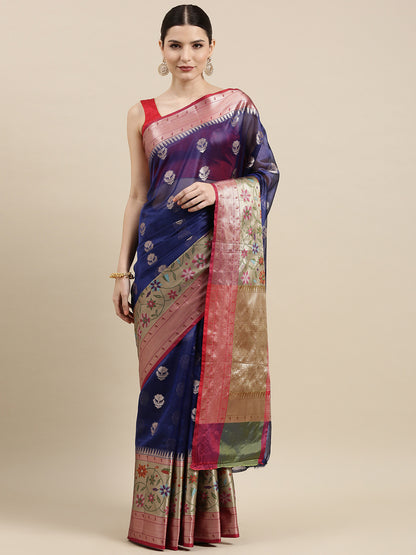 Faishana Presents Navy Blue & Magenta Paithani Border With Booti Art Silk Skirt Paithani Banarasi Border With Magenta Blouse Banarasi Saree