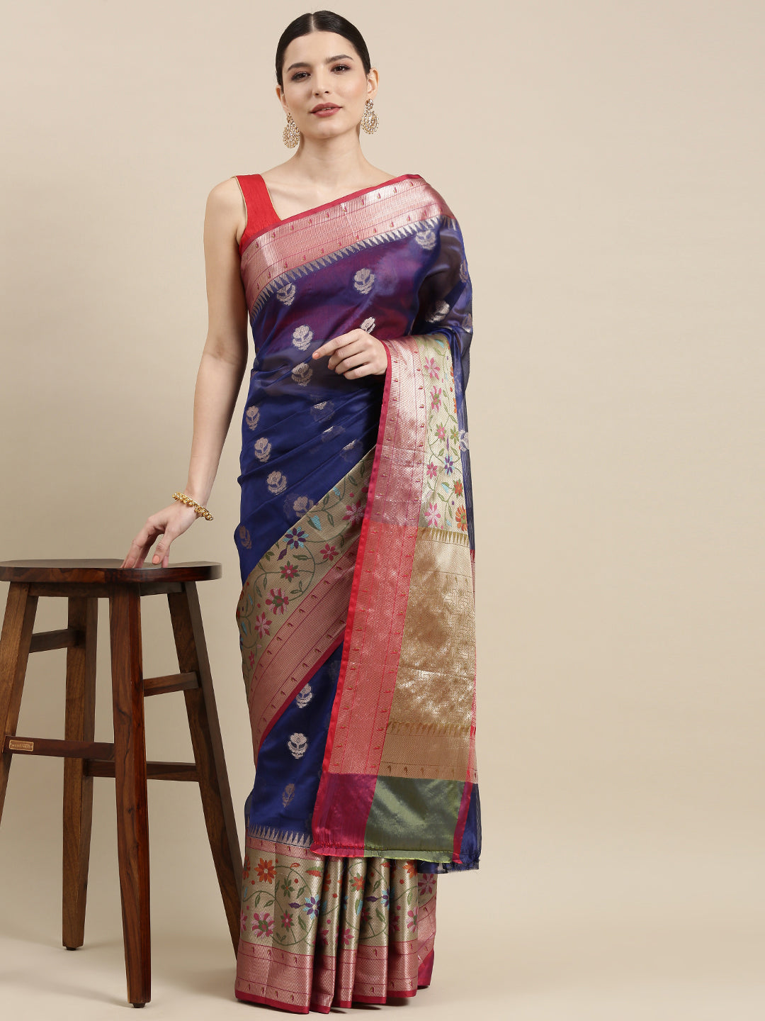 Faishana Presents Navy Blue & Magenta Paithani Border With Booti Art Silk Skirt Paithani Banarasi Border With Magenta Blouse Banarasi Saree