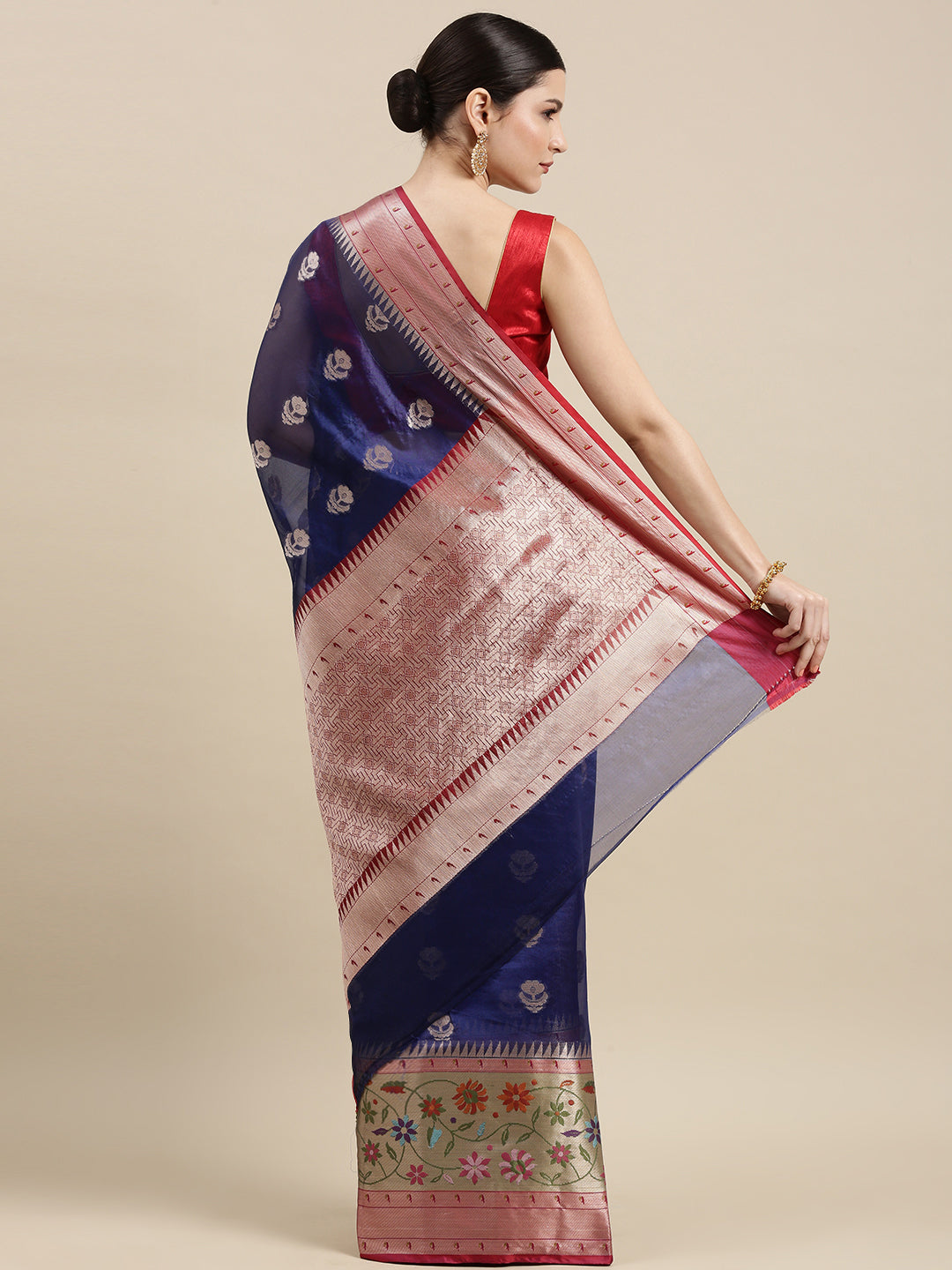 Faishana Presents Navy Blue & Magenta Paithani Border With Booti Art Silk Skirt Paithani Banarasi Border With Magenta Blouse Banarasi Saree