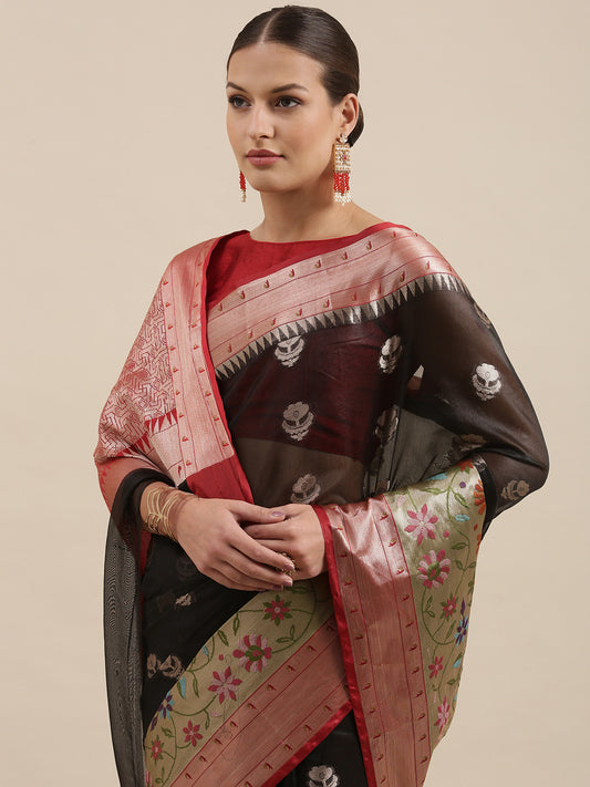 Faishana Presents Black & Maroon Paithani Border With Booti Art Silk Skirt Paithani Border With Maroon Blouse Banarasi Saree
