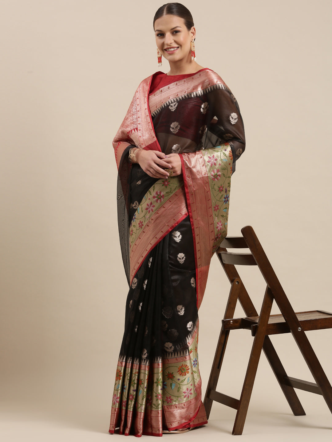 Faishana Presents Black & Maroon Paithani Border With Booti Art Silk Skirt Paithani Border With Maroon Blouse Banarasi Saree
