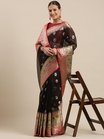 Faishana Presents Black & Maroon Paithani Border With Booti Art Silk Skirt Paithani Border With Maroon Blouse Banarasi Saree