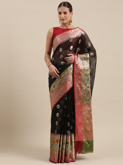 Faishana Presents Black & Maroon Paithani Border With Booti Art Silk Skirt Paithani Border With Maroon Blouse Banarasi Saree