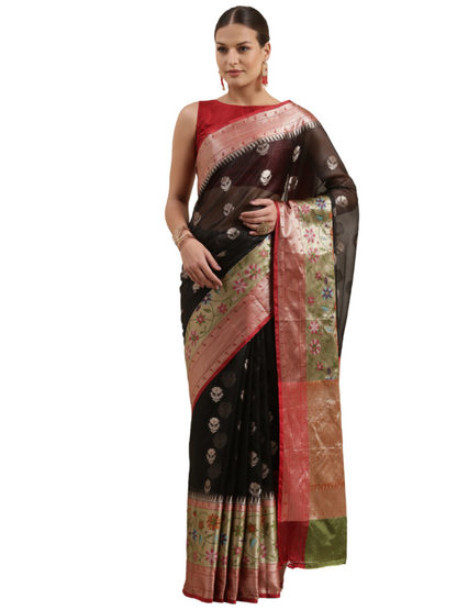 Faishana Presents Black & Maroon Paithani Border With Booti Art Silk Skirt Paithani Border With Maroon Blouse Banarasi Saree