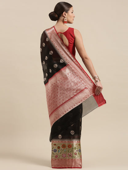 Faishana Presents Black & Maroon Paithani Border With Booti Art Silk Skirt Paithani Border With Maroon Blouse Banarasi Saree