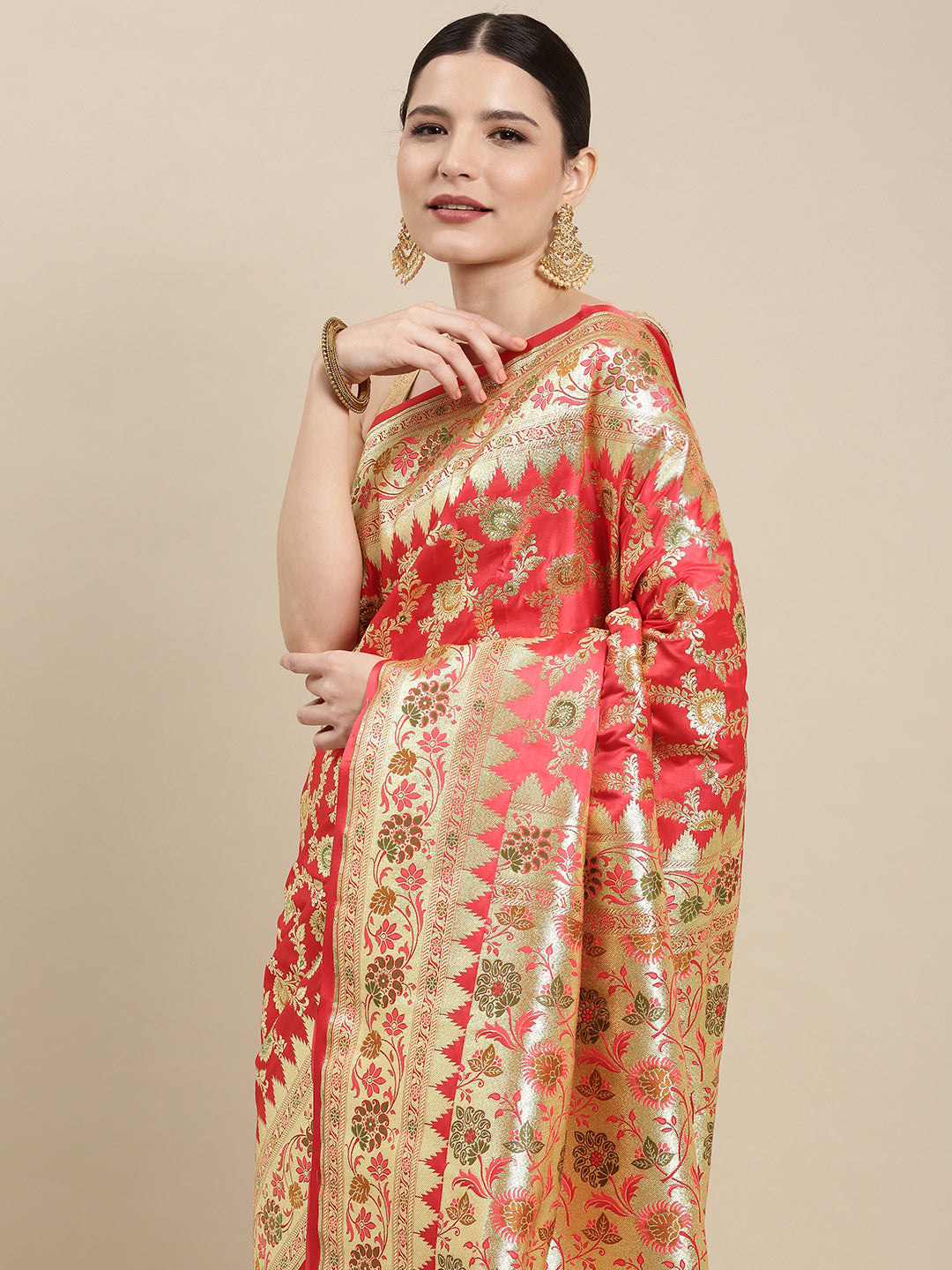 Faishana Peach Katan Silk Floral Meena Zari Jaal Banarasi Saree With Paithani Meena Anchal Border Banarasi Saree