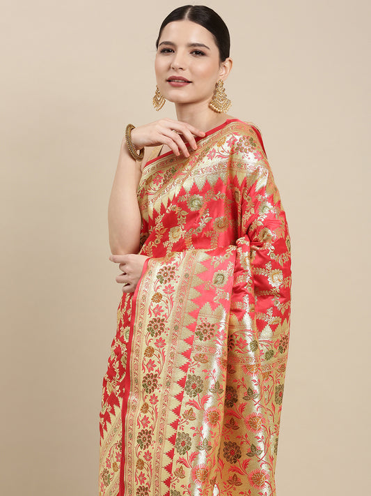 Faishana Peach Katan Silk Floral Meena Zari Jaal Banarasi Saree With Paithani Meena Anchal Border Banarasi Saree