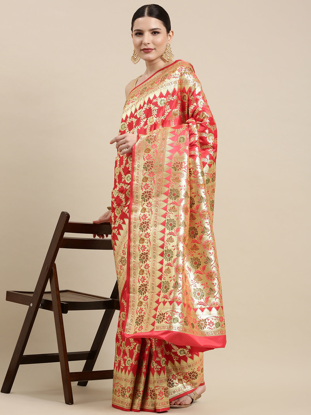 Faishana Peach Katan Silk Floral Meena Zari Jaal Banarasi Saree With Paithani Meena Anchal Border Banarasi Saree