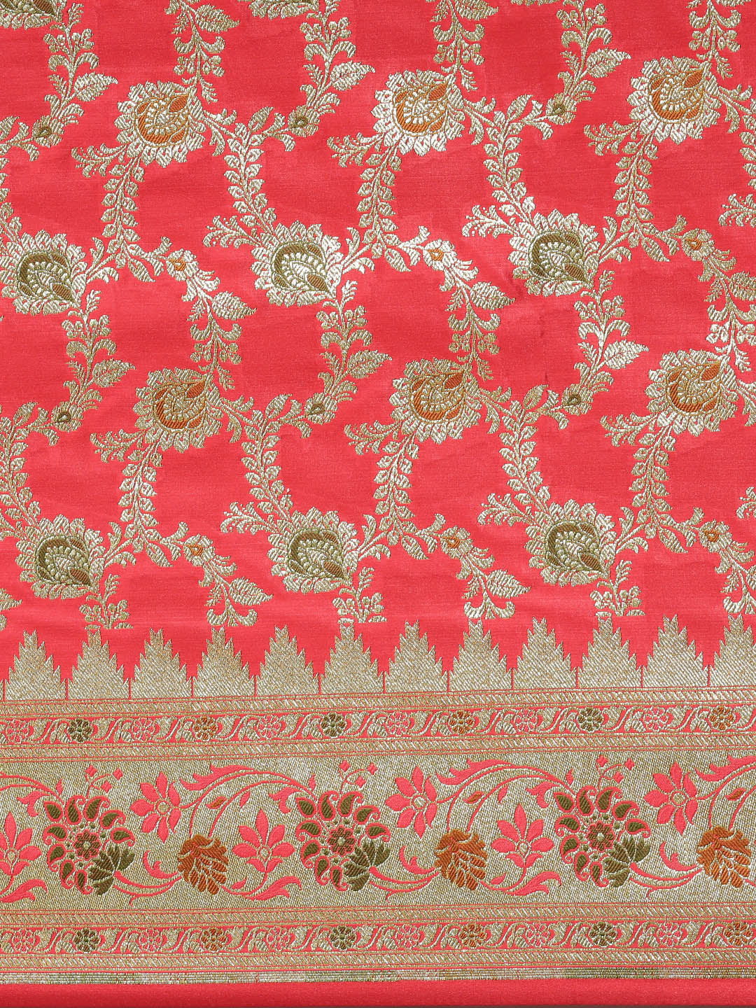 Faishana Peach Katan Silk Floral Meena Zari Jaal Banarasi Saree With Paithani Meena Anchal Border Banarasi Saree