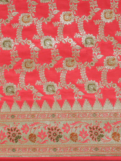 Faishana Peach Katan Silk Floral Meena Zari Jaal Banarasi Saree With Paithani Meena Anchal Border Banarasi Saree