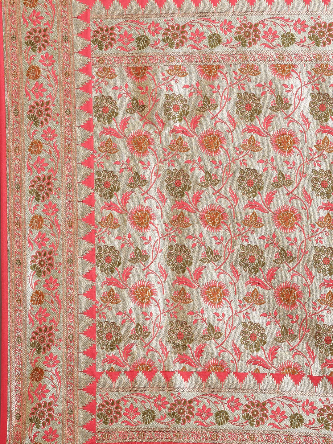 Faishana Peach Katan Silk Floral Meena Zari Jaal Banarasi Saree With Paithani Meena Anchal Border Banarasi Saree