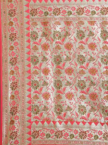 Faishana Peach Katan Silk Floral Meena Zari Jaal Banarasi Saree With Paithani Meena Anchal Border Banarasi Saree