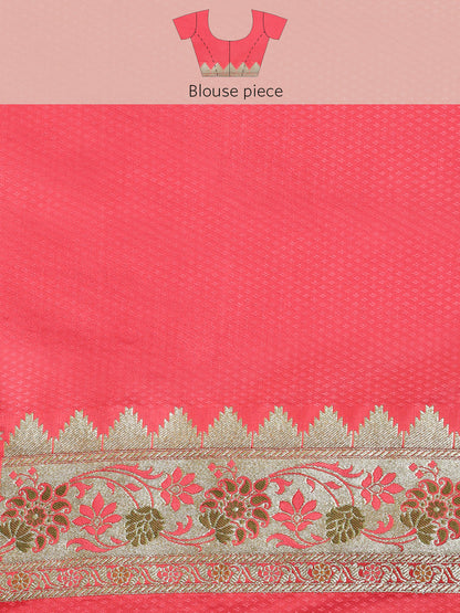 Faishana Peach Katan Silk Floral Meena Zari Jaal Banarasi Saree With Paithani Meena Anchal Border Banarasi Saree