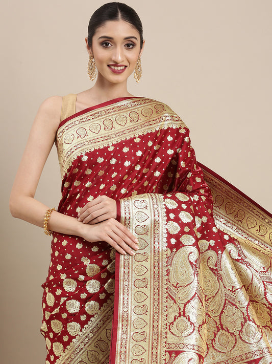 Faishana Presents Maroon Satin Silk Half Half Patli Zari Jaal Zari Anchal With Zari Border Banarasi Saree