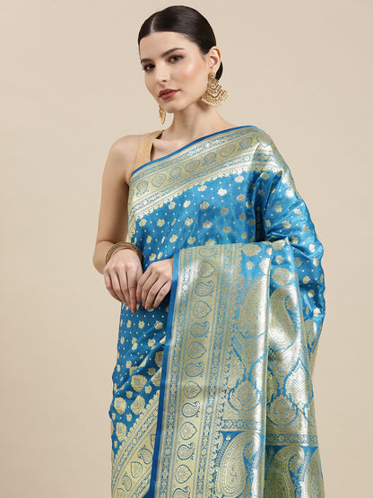 Faishana Turquoise Blue Satin Silk Half Half Patli Zari Booti Saree With Turquoise Blue Blouse