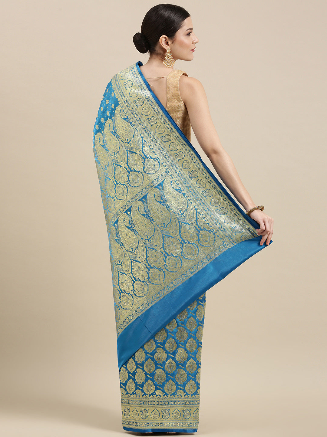 Faishana Turquoise Blue Satin Silk Half Half Patli Zari Booti Saree With Turquoise Blue Blouse