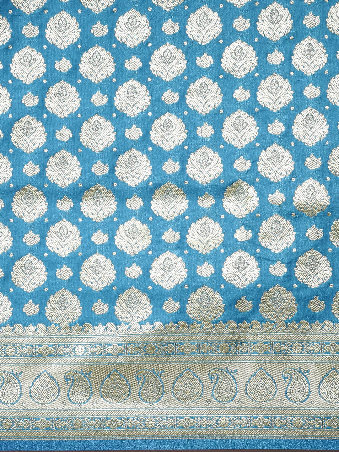 Faishana Turquoise Blue Satin Silk Half Half Patli Zari Booti Saree With Turquoise Blue Blouse