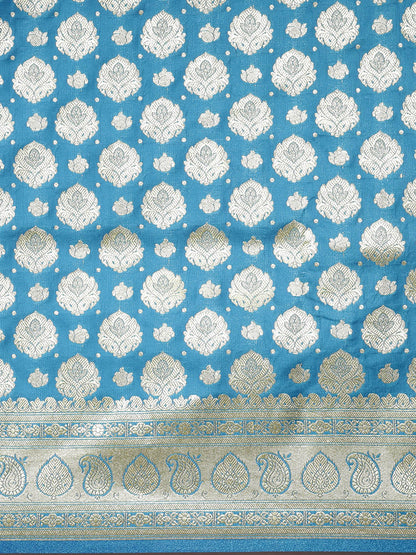 Faishana Turquoise Blue Satin Silk Half Half Patli Zari Booti Saree With Turquoise Blue Blouse
